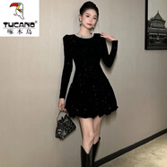 啄木鳥(niǎo)（TUCANO）洋氣輕奢小香風(fēng)顯瘦氣質(zhì)名媛時(shí)尚拼接韓版連衣裙亮片小黑裙D0186 黑色 S 100斤以下