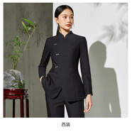 漣影新中式西裝套裝女春秋職業(yè)西服外套中山裝酒店經(jīng)理前臺工作服 黑色西裝 S
