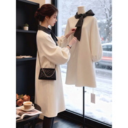 FHHUABD感超好看白色連衣裙子女秋冬法式氣質(zhì)設計感蝴蝶結毛呢裙 白色連衣裙 M