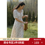 獨束大碼女裝胖mm法式復古連衣裙桃心領(lǐng)高腰A字抽褶設計方領(lǐng)茶歇裙 米底粉花(dy) L