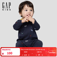 蓋璞Gap嬰兒秋季純棉滿(mǎn)印圓領(lǐng)長(cháng)袖連體衣兒童裝哈衣爬服645623 海軍藍 90cm (18-24月) 亞洲尺碼