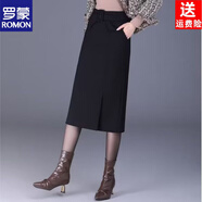 羅蒙（ROMON）灰色中長(cháng)款半身裙女秋冬季高腰包臀裙氣質(zhì)韓版修身顯瘦開(kāi)叉一步裙 黑色彈性斜紋 M 腰圍2尺適合90-100斤