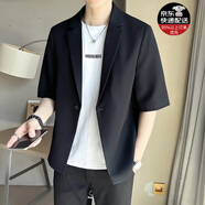 軒森圖 休閑西裝外套微胖男生顯瘦穿搭小西裝男簡(jiǎn)約大碼輕熟風(fēng)西服套裝 黑色短袖西服 3XL (185) (185-200斤）