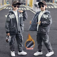 男童冬裝套裝2025年新款寬松男孩加絨加厚牛仔套裝兩件套中大童兒 牛仔套裝加絨加厚連帽小熊 110 建議身高100-110CM