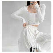 歐美風(fēng)格性感緊身修身短款高腰露臍長(cháng)袖t恤性感夏裝女式底褲襯衫 白色 長(cháng)袖 S
