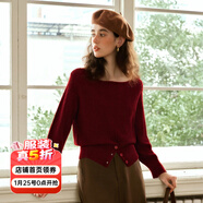 Olrain【5折】法式一字領(lǐng)毛衣女裝冬季新款開(kāi)叉下擺收腰套頭衫 紅色 M