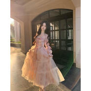 BLOVELAN仲夏夜之夢(mèng) 蝴蝶結拼接網(wǎng)紗大擺長(cháng)袖仙女裙甜美風(fēng)長(cháng)袖連衣裙 玫瑰粉（連衣裙 XS