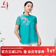 天意TANGY/天意2024春夏新款商場(chǎng)同款民族風(fēng)復古繡花休閑T恤女W242016 天藍色7406色 M