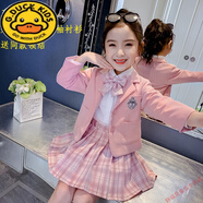 G.duck女童JK套裝秋裝2025新品兒童學(xué)院風(fēng)三件裝女孩西裝外套百褶裙洋氣 制服三件套粉色 外套+襯衫+裙子 120 cm