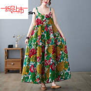 啄木鳥(niǎo)（TUCANO）歐美吊帶連衣裙2025夏季新款寬松減齡洋氣印花棉麻大擺長(cháng)裙女 綠底花今年流行的輕奢品牌 均碼 大【100-140斤】