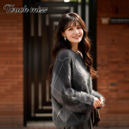 塔馳密司（touchmiss）美式慵懶風(fēng)開(kāi)叉毛衣外套女春季寬松設計感小眾上衣FSL 黑灰菱形格 M