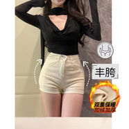 李李服飾加絨豐胯牛仔短褲女24冬季新款韓版高腰顯瘦性感純欲熱褲 黑色-單褲 XL XL116-125斤