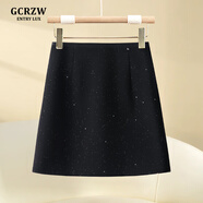 GCRZW輕奢毛呢亮片短裙半身裙女秋冬2025新款包臀裙燙鉆亮閃閃a字裙子 黑色-短款-西裝料 【輕奢氣質(zhì)款】 2XL /30 建議125-135斤