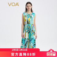 VOA桑蠶絲彈力印花圓領(lǐng)無(wú)袖碎褶松緊腰開(kāi)叉沙灘度假休閑連衣裙AD0207 葉上初陽(yáng)（Q80） M