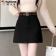 啄木鳥(niǎo)加厚毛呢半身裙女秋冬新款高腰百搭a字包臀短裙小個(gè)子顯瘦一步裙 黑色 XS