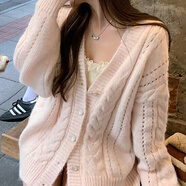 暄琰 溫柔風(fēng)甜美粉色麻花毛衣開(kāi)衫外套女秋冬寬松慵懶針織上衣 甜美淺粉色毛衣 均碼