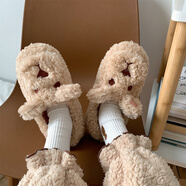 南極人（Nanjiren）冬季情侶少女心家居防滑地板月子軟底鞋男女可愛(ài)卡通全包跟棉拖鞋 狗熊 全包跟卡其色 40 -41(適合39-40的腳)