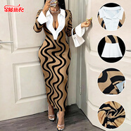 金屢燕衣女士時(shí)尚優(yōu)雅性感深V連衣裙撞色翻領(lǐng)波浪紋長(cháng)裙跨境歐美風(fēng)女裝 棕色 S