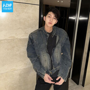 以純（YISHion）韓系復古結構拼接短款牛仔外套小眾水洗立領(lǐng)設計感外套潮 藍色 【關(guān)注店鋪優(yōu)先發(fā)】 M