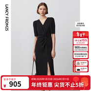 朗姿復古輕禮服小黑裙24年春新款氣質(zhì)v領(lǐng)收腰裙子中長(cháng)款連衣裙女 黑色 M