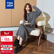 唐獅（TonLion）2024女翻領(lǐng)長(cháng)袖連衣裙長(cháng)裙 深灰 S 