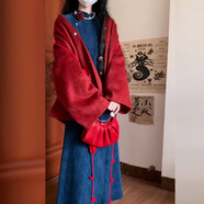 FHHUABD新中式國風(fēng)獨特漂亮秋冬裝一整套復古外套改良旗袍連衣裙兩件套裝 單件 紅色外套 M