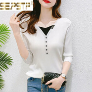 夏典素訂女王（SE.PSTP）假兩件v領(lǐng)上衣春裝2025新款中袖打底衫早春七分袖冰絲針織衫女薄 QFX0286#白色 M 建議95-105斤