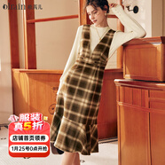 Olrain【5折】法式格子背帶連衣裙女秋冬年收腰復古背心裙 咖格 S