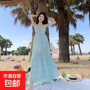 浪漫海濱風(fēng)吊帶沙灘長(cháng)裙清新格紋海邊度假 V領(lǐng)高腰大裙擺仙女裙 淺藍色 L