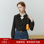 范思藍恩22FS2489白色法式襯衫女春秋長(cháng)袖荷葉邊V領(lǐng)顯瘦雪紡上衣 黑色 M