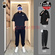軒森圖（XUANSENTU）微胖男生夏季顯瘦穿搭短袖T恤男韓版寬松拼接V字半袖體恤套裝搭 3327黑色+褲子 L (170) （120-140斤）