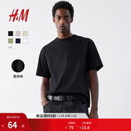 H&M男裝女裝T恤秋冬情侶裝重磅純棉寬松圓領(lǐng)紅色短袖打底衫0608945 黑色 L 175/108 （建議尺碼拍小一碼）