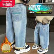 樂(lè )芭鼠男童加絨牛仔褲冬季加厚保暖兒童褲子男孩子休閑褲寶寶棉褲中小童 藍色 130 碼（建議115-125cm 6-7歲）