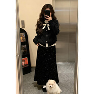 鹿依檸小香風(fēng)連衣裙女2026春秋新款韓系時(shí)尚減齡氣質(zhì)甜美風(fēng)顯瘦套裝裙子 黑色毛衣+波點(diǎn)裙子 M