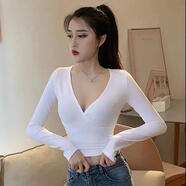 大V領低胸性感時尚短袖女士打底T恤性感上衣服女新款高腰緊身低胸大深v領t恤性感短袖性感打底衫 白色#5007 XL 碼建議【111-125斤】
