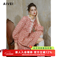 AIVEI欣賀艾薇2024秋歐式復古文藝風(fēng)茶歇印花長(cháng)袖連衣裙R753301A 粉色 M
