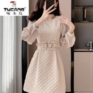 啄木鳥(niǎo)（TUCANO）減齡感名媛連衣裙女秋裝2026春秋冬款收腰顯瘦短裙子小香風(fēng)打底裙 杏色 L