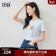 歐莎（OSA）白色短款T恤女士夏季新款衣服短袖印花顯瘦正肩上衣體恤修身 淺藍色 S
