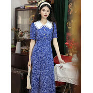 奶藍泡芙夏季碎花公主袖短袖拼接娃娃領(lǐng)收腰高腰藍色長(cháng)款連衣裙 寶藍 S S