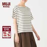 MUJI MUJI 女式 粗棉線(xiàn) 天竺編織 一字領(lǐng)寬版T恤 W9AB182 原色X圖案 XS-S
