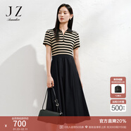 玖姿·安娜蔻氣質(zhì)假兩件翻領(lǐng)短袖連衣裙女裝黑色夏季中長(cháng)款裙子顯瘦a字裙 條黑 M