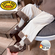 G.duck女童花朵卷邊加絨休閑褲秋冬款2025新款兒童韓版時(shí)尚小女孩長(cháng)褲潮 米白色 90 cm