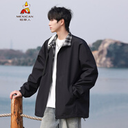 稻草人日系潮牌工裝外套男春秋季潮流格子翻領(lǐng)沖鋒上衣大碼寬松休閑夾克 黑色 HJ25189 S