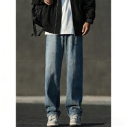 頂峰保羅（Dingfengbaoluo）美式牛仔褲男春秋季高街直筒寬松潮牌男生闊腿長(cháng)褲DFS05中藍L