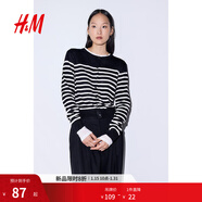 H&M女裝毛針織衫春季慵懶風(fēng)休閑打底衫短款開(kāi)衫薄款外套0579541 黑色/白色條紋 S 160/88