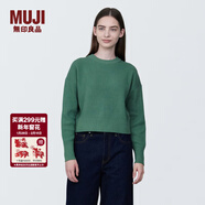 MUJI女式 棱紋編織 圓領(lǐng)短款針織衫 長(cháng)袖女款 女裝 薄款毛衣 綠色 L (165/88A)