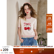 兩三事櫻桃瓊漿 2025夏季新款甜美蕾絲下擺拼接櫻桃短袖針織衫女 米杏色 S