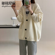 多菲尼森針織衫開衫外套女春秋學生長袖上衣新款寬松顯瘦慵懶風中長款毛衣 白色 均碼
