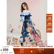 兩三事暮色詩(shī)行 2025夏季新款復古一字肩露肩條紋印花泡泡袖連衣裙 藍色-y S