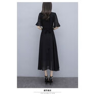 大尺碼裙仙女大擺裙V領(lǐng)喇叭袖通勤雪紡裙遮肚子胖mm洋裝夏中長(cháng)裙 黑色長(cháng)版小腿肚處 S S